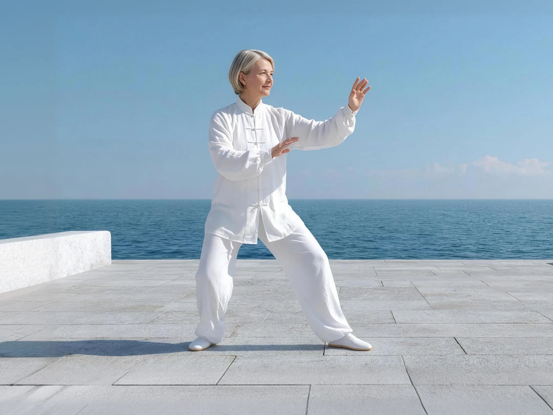 Senior woman beginning Tai Chi with raised hands