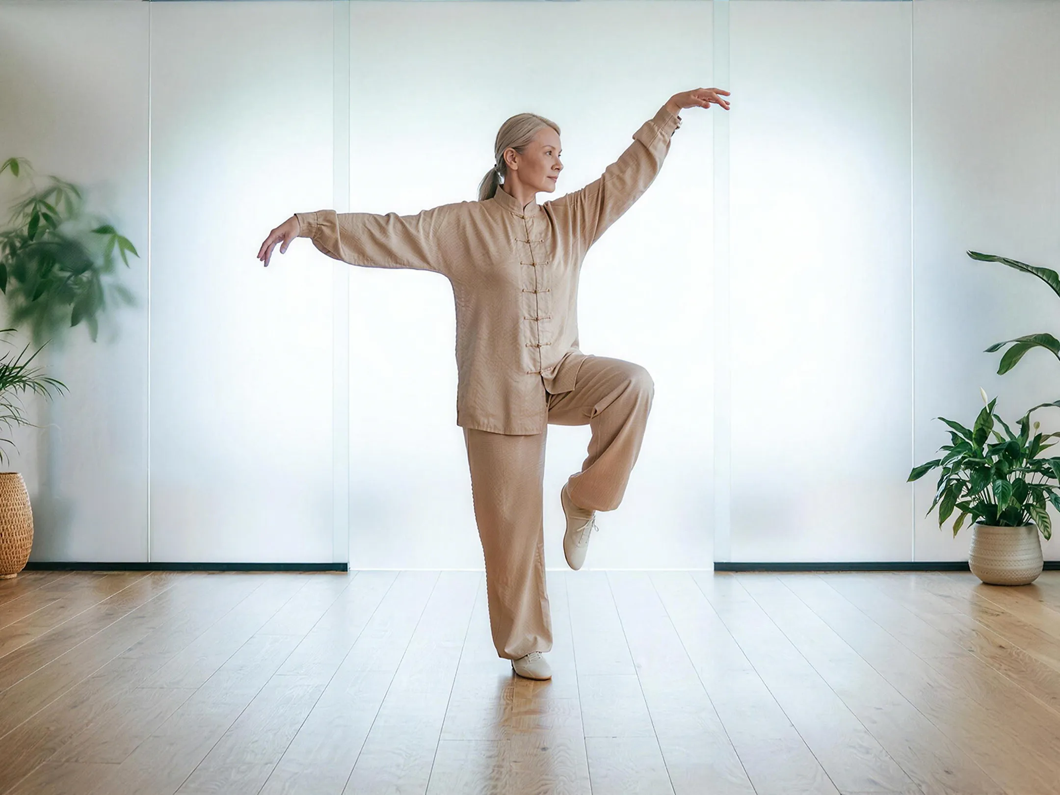A group of seniors practicing Tai Chi together in a sunny park